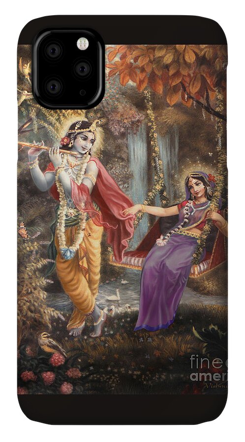 Krishna Paintings iPhone 11 Case featuring the painting Radha's Swing by Vishnu Das
