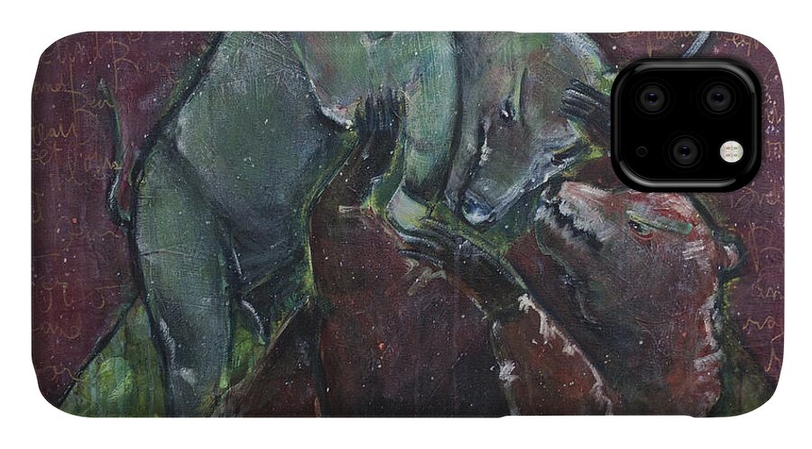 Stock Market iPhone 11 Case featuring the painting Rage and Roar by Laurie Maves ART