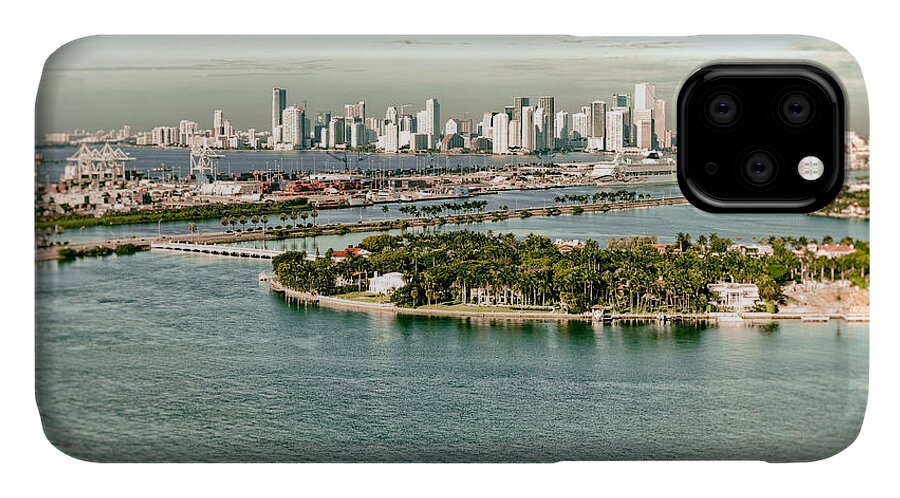 Retro iPhone 11 Case featuring the photograph Retro Style Miami Skyline and Biscayne Bay by Gary Dean Mercer Clark