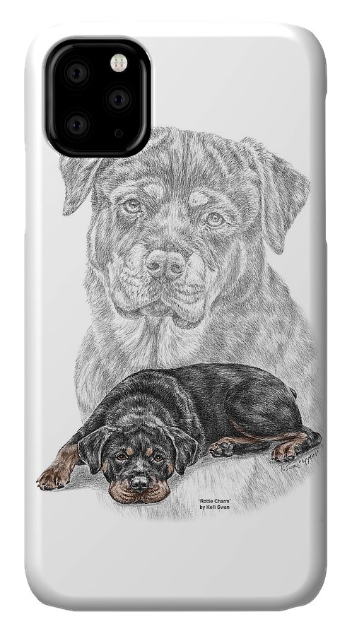 Rottie iPhone 11 Case featuring the drawing Rottie Charm - Rottweiler Dog Print with Color by Kelli Swan