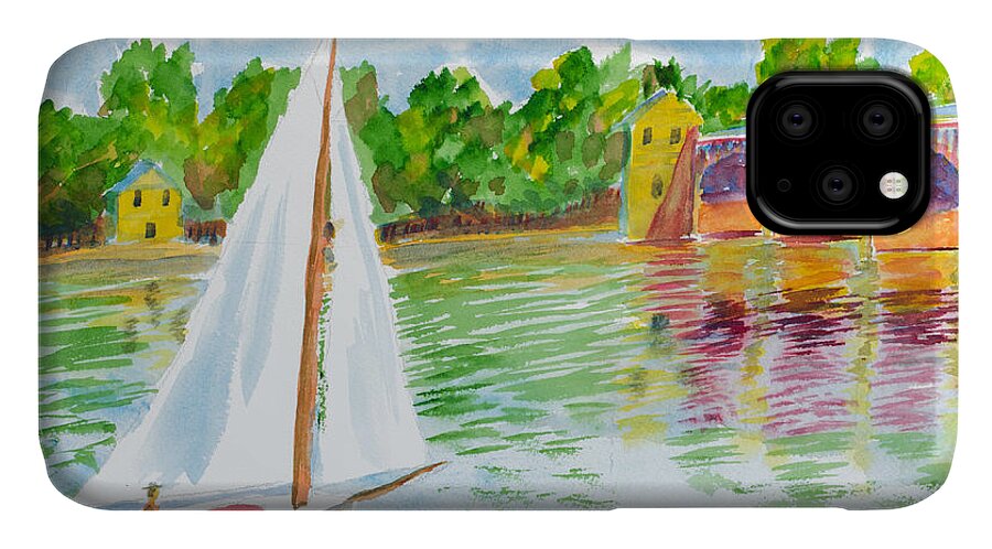 Nature iPhone 11 Case featuring the painting Sailing by the Bridge by Walt Brodis