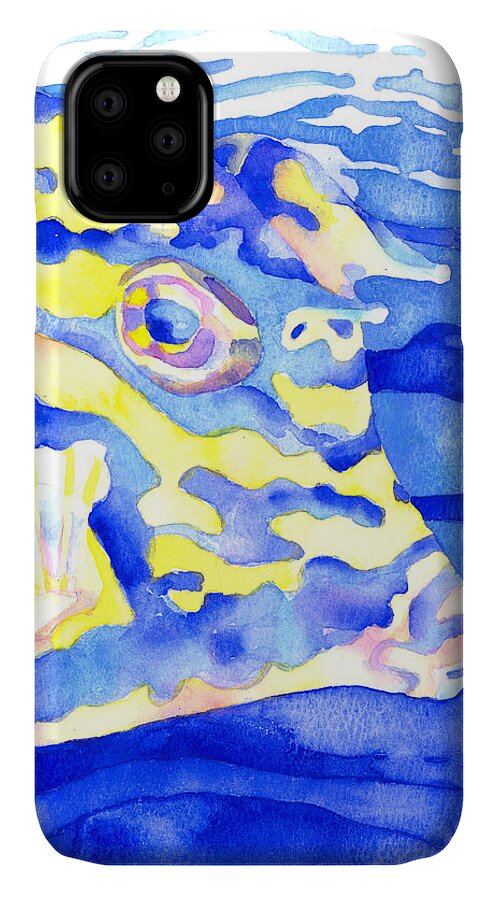 Cowfish iPhone 11 Case featuring the painting Scrawled Cowfish Portrait by Pauline Walsh Jacobson