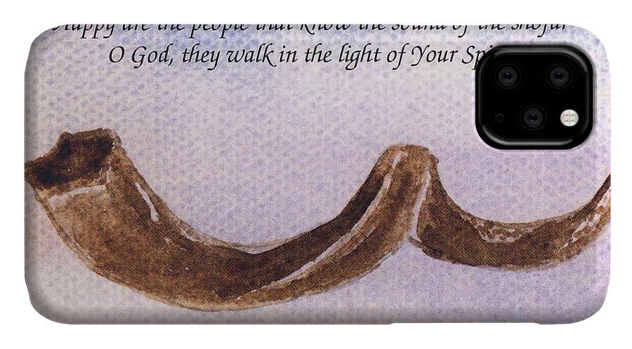 Shofar iPhone 11 Case featuring the painting Shofar with verse by Linda Feinberg