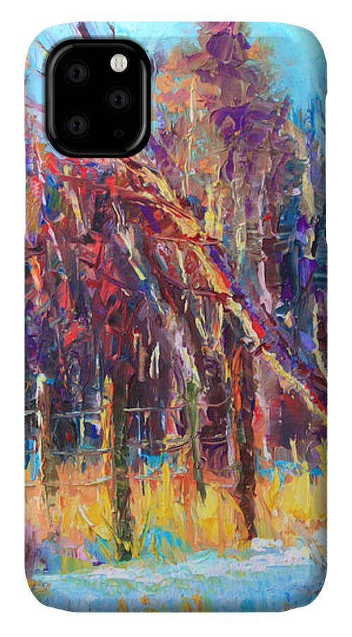 Impressionism iPhone 11 Case featuring the painting Signs of Spring - trees and snow kissed by spring light by Talya Johnson