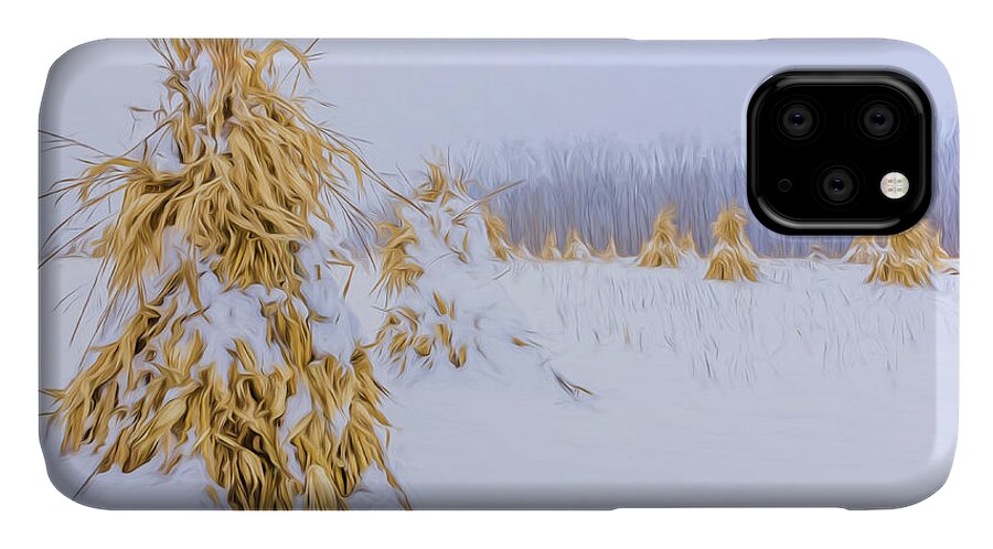 Abstract iPhone 11 Case featuring the photograph Snowy Corn Shocks - Artistic by Chris Bordeleau