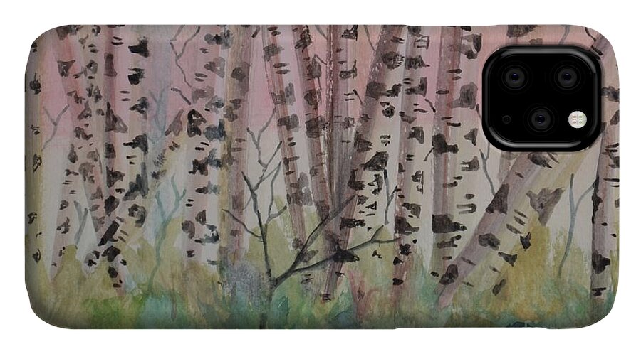 Birch Trees iPhone 11 Case featuring the painting Soft Serenity by Denise Tomasura