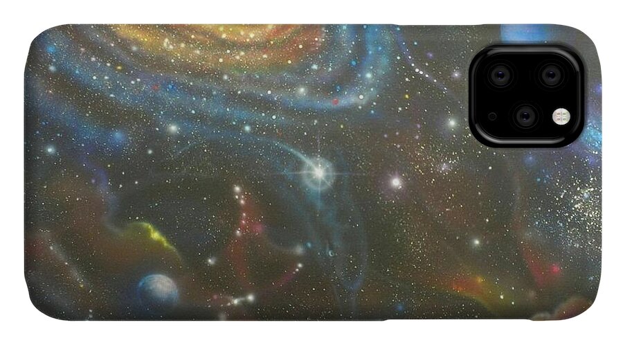 Space iPhone 11 Case featuring the painting Space Dolphins by Darren Robinson