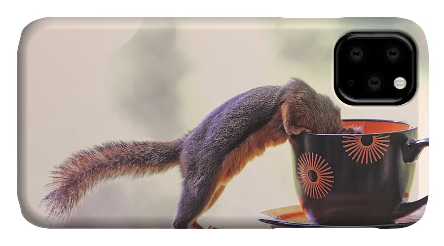 Squirrels iPhone 11 Case featuring the photograph Squirrel and Coffee by Peggy Collins