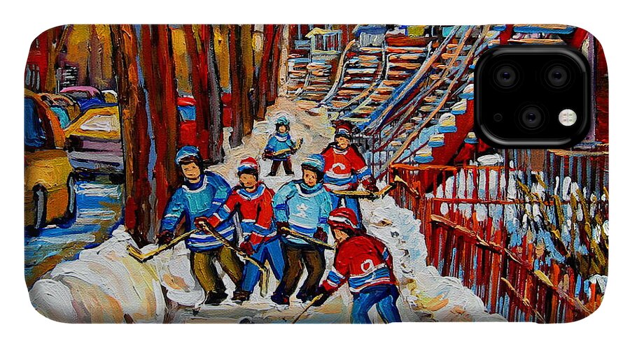 Montreal iPhone 11 Case featuring the painting Streets Of Verdun Hockey Art Montreal Street Scene With Outdoor Winding Staircases by Carole Spandau
