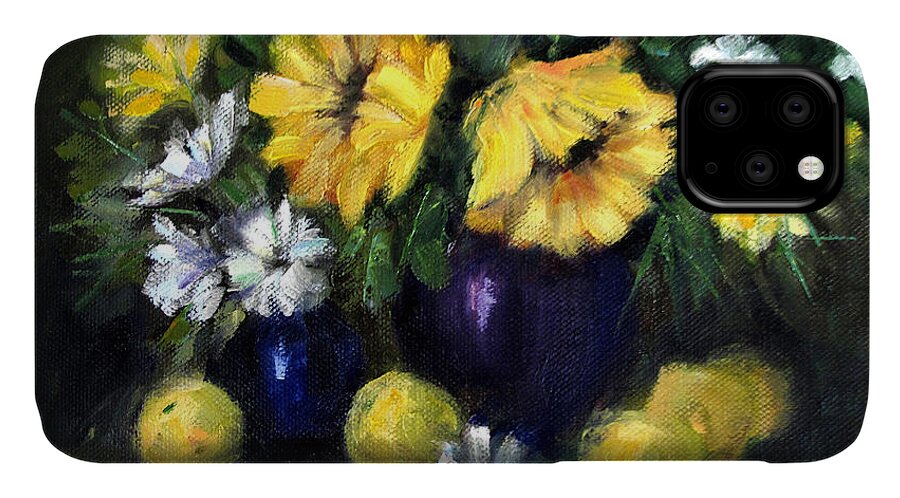 Sunflowers In A Vase iPhone 11 Case featuring the painting Sun flowers by Asha Sudhaker Shenoy