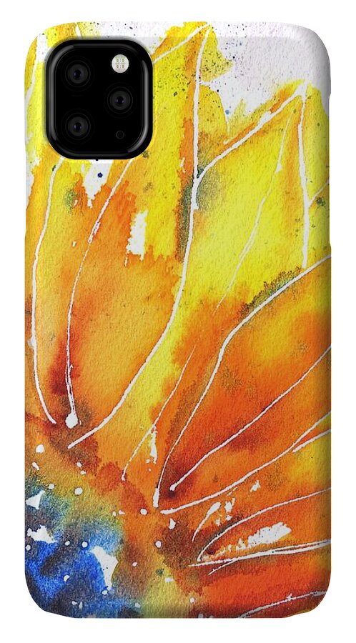 Sunflower iPhone 11 Case featuring the painting Sunflower Blue Orange and Yellow by Carlin Blahnik CarlinArtWatercolor