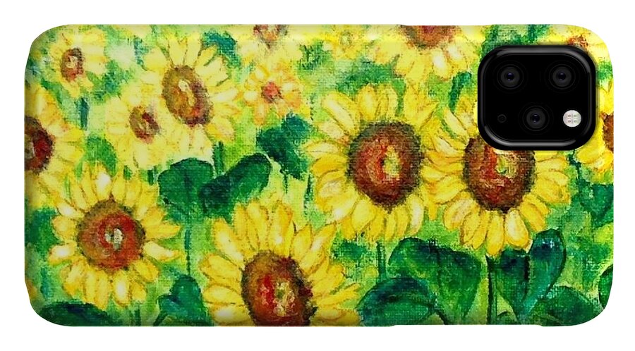 Painting iPhone 11 Case featuring the painting Sunflowers by Cristina Stefan