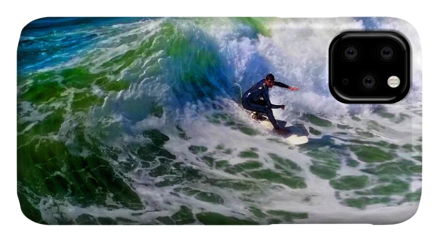 Surf 2 Bottom Turn iPhone 11 Case featuring the mixed media Surf 2 Bottom Turn by Glenn McNary