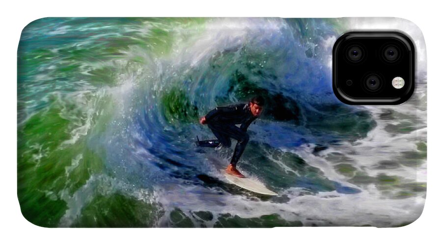 Surf 3 Off The Lip iPhone 11 Case featuring the mixed media Surf 3 Off The Lip by Glenn McNary