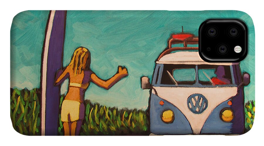 Surf iPhone 11 Case featuring the painting Surfer Girl and VW Bus by Kevin Hughes