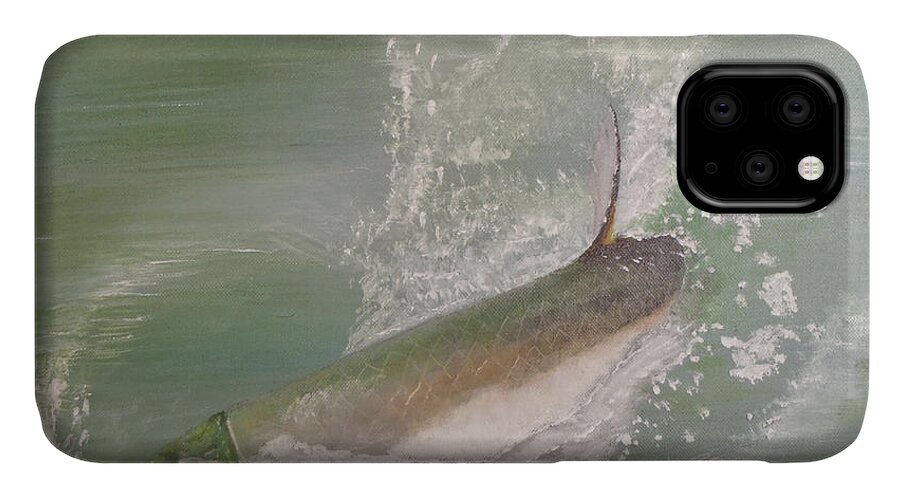 Tarpon Breaking Water iPhone 11 Case featuring the painting Tarpon Breaking Water by Tony Rodriguez