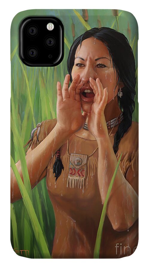 Native American Female Paintings iPhone 11 Case featuring the painting The Call by Robert Corsetti