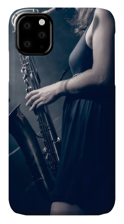 Sax iPhone 11 Case featuring the photograph The Saxophonist Sounds In The Night by Bob Orsillo