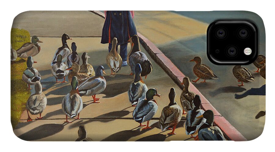 Duck iPhone 11 Case featuring the painting The Sidewalk Religion by Thu Nguyen