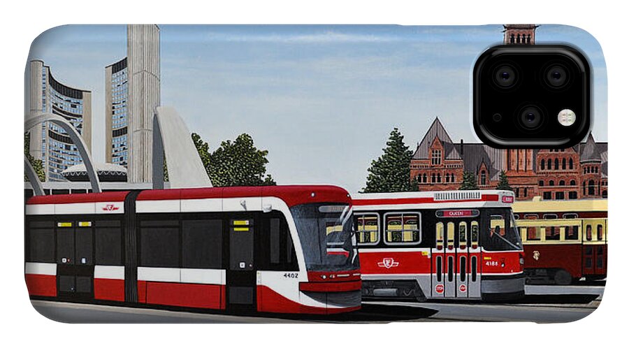 Mcmichael Final Paintings iPhone 11 Case featuring the painting The Toronto Streetcar 100 Years by Kenneth M Kirsch