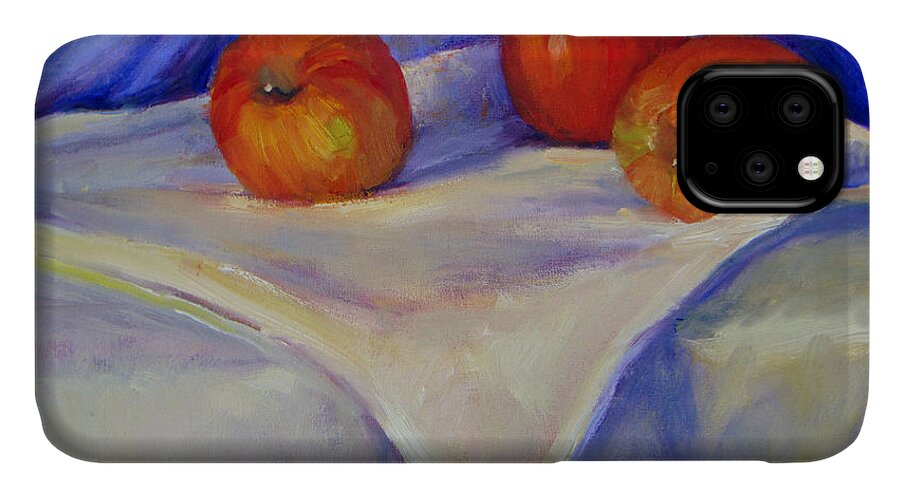 Still Life iPhone 11 Case featuring the painting Three Apples With Blue And White by Joan Coffey