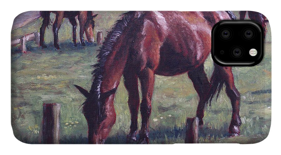 Horse iPhone 11 Case featuring the painting Three New Forest Horses On Grass by Martin Davey