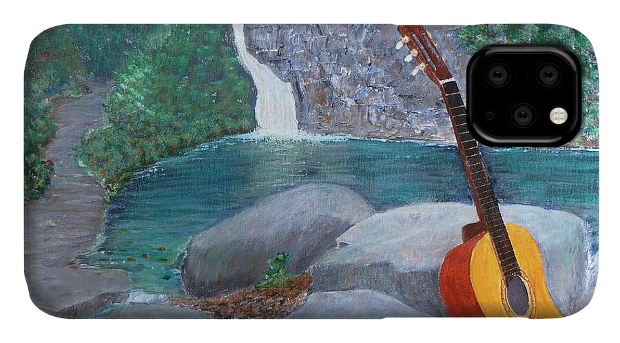Toro Negro Rain Forest iPhone 11 Case featuring the painting Toro Negro Guitar by Tony Rodriguez
