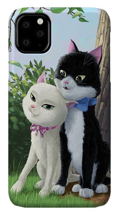 Cat iPhone 11 Case featuring the painting Two Romantic Cats In Love by Martin Davey