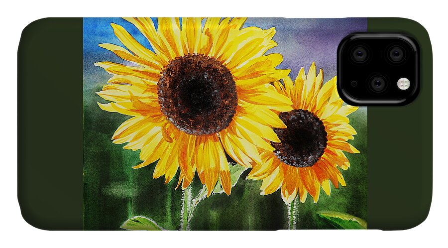 Sunflower iPhone 11 Case featuring the painting Two Suns Sunflowers by Irina Sztukowski