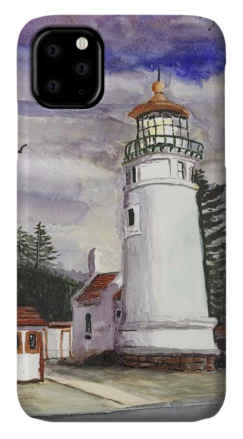Light House iPhone 11 Case featuring the painting Umpqua Lighthouse by Chriss Pagani