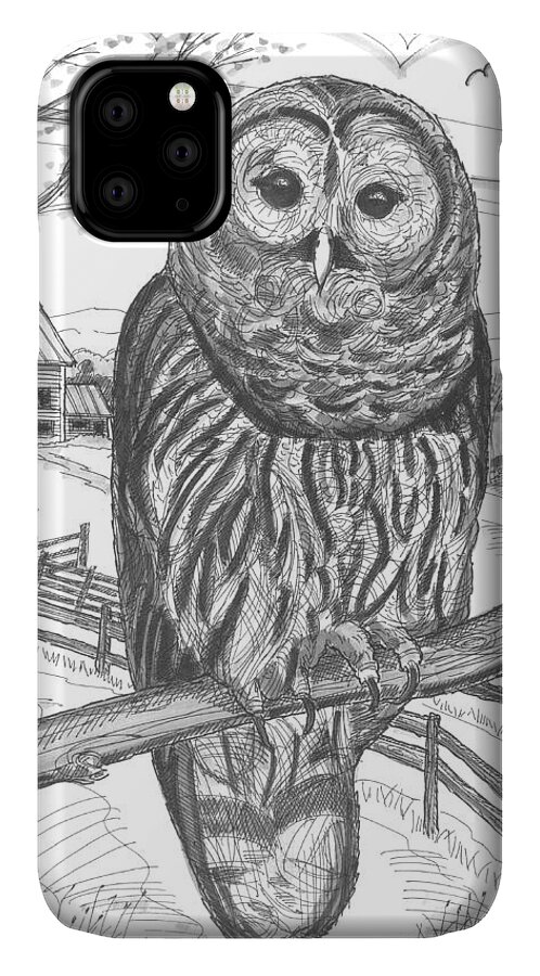Barred Owl iPhone 11 Case featuring the drawing Vermont Barred Owl by Richard Wambach