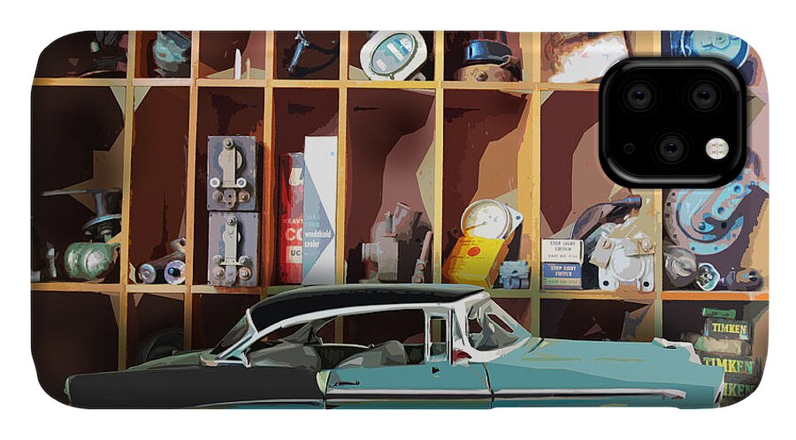Mint iPhone 11 Case featuring the digital art Vintage Chevy BelAir with Retro Auto Parts by John Fish