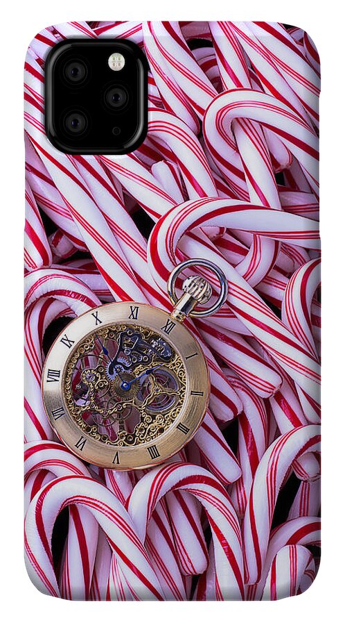Pile iPhone 11 Case featuring the photograph Watch and candy canes by Garry Gay