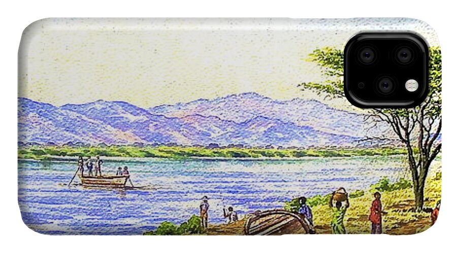 African Art iPhone 11 Case featuring the painting Water Village by Joseph Thiongo