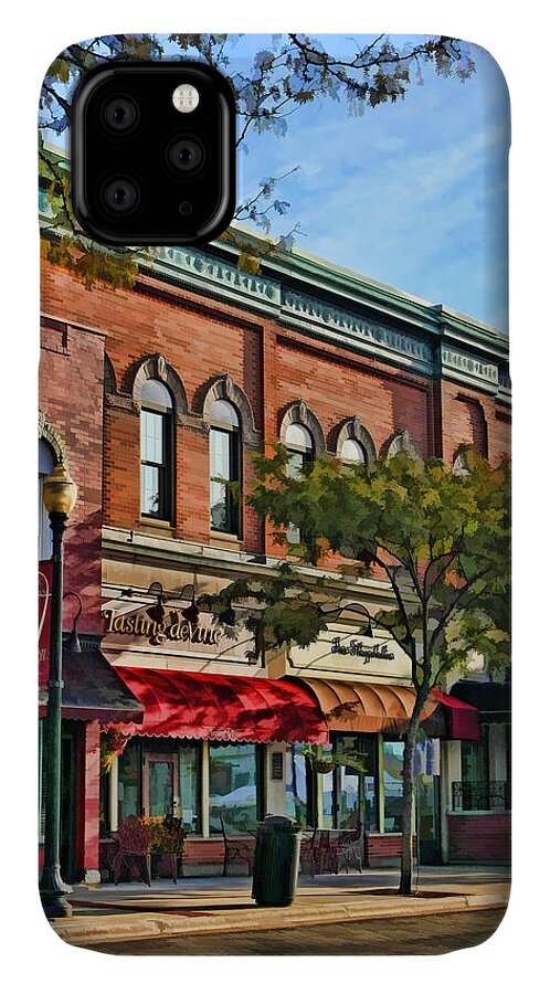 Wheaton iPhone 11 Case featuring the painting Wheaton Front Street Stores by Christopher Arndt