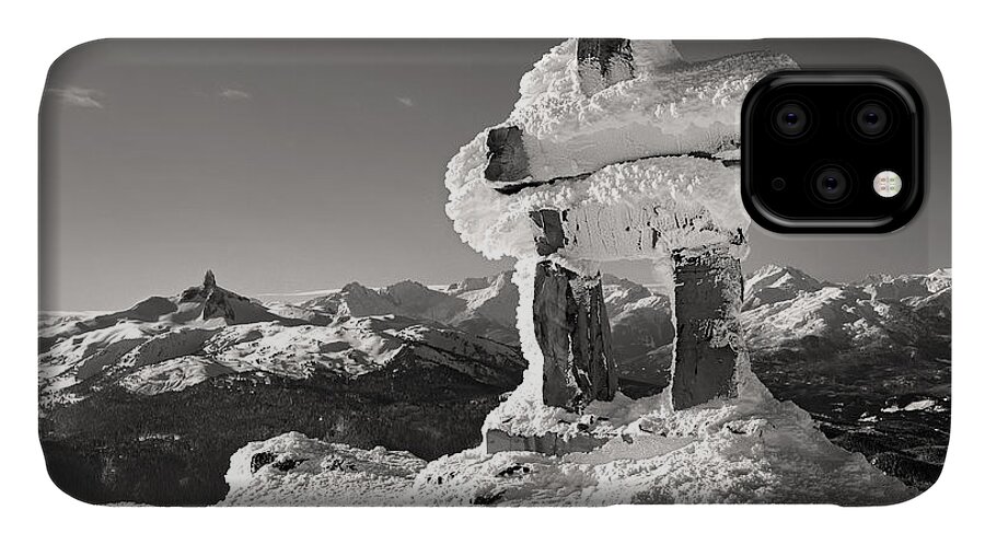 Inuksuk iPhone 11 Case featuring the photograph Whistler summit Inukshuk Black and White by Pierre Leclerc Photography