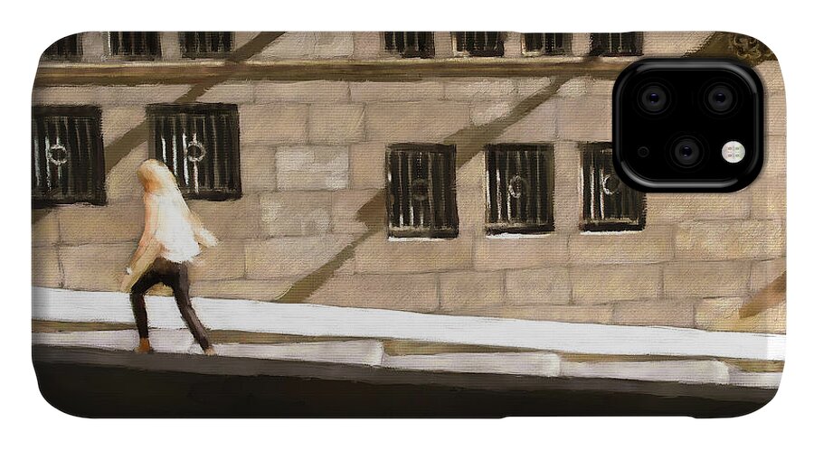 Street Scene iPhone 11 Case featuring the digital art Woman Walking Up Hill by Jon Munson II