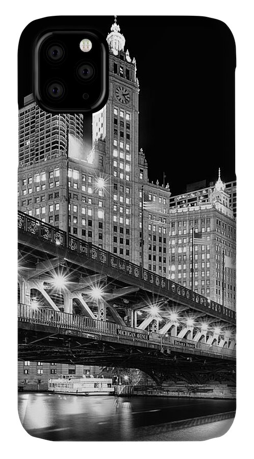 Dusk iPhone 11 Case featuring the photograph Wrigley Building at Night in Black and White by Sebastian Musial