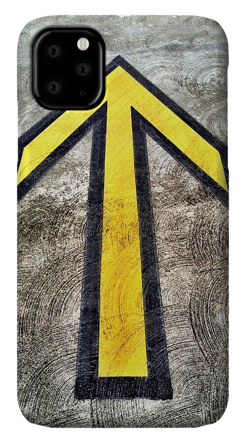 Abstract iPhone 11 Case featuring the photograph Yellow directional arrow on pavement by Bryan Mullennix