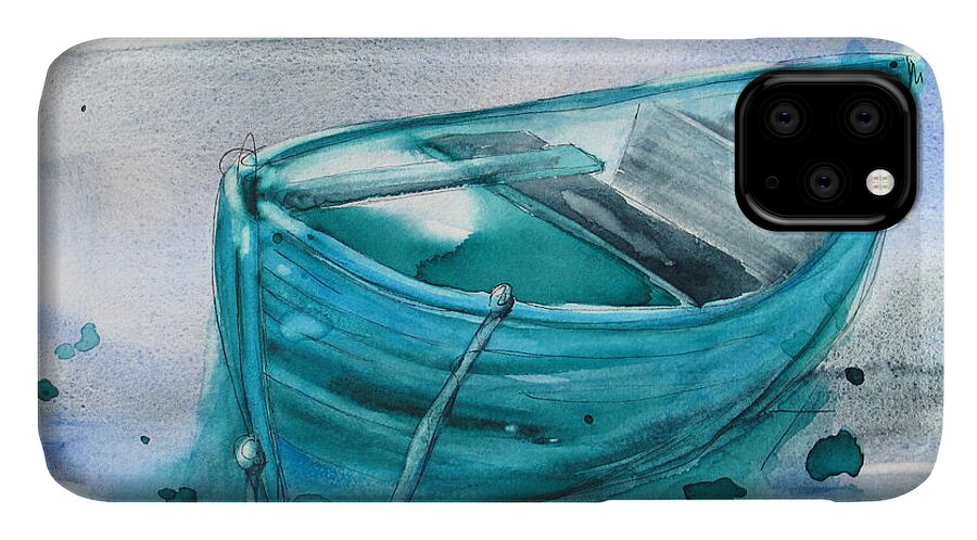 Boat iPhone 11 Case featuring the painting Blue Boat by Dawn Derman