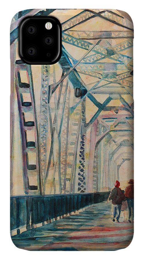 Railroad iPhone 11 Case featuring the painting Foggy Morning on the Railway Bridge III by Jenny Armitage