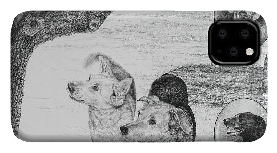 Dog iPhone 11 Case featuring the drawing Four Dogs and a Squirrel by Mike Ivey