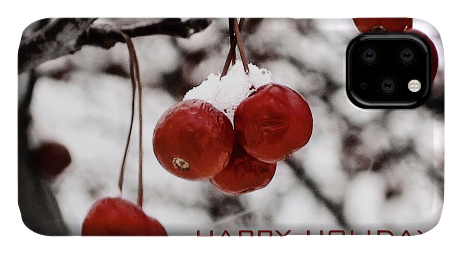 Happy Holidays iPhone 11 Case featuring the photograph Happy Holidays Berries by Laura Kinker