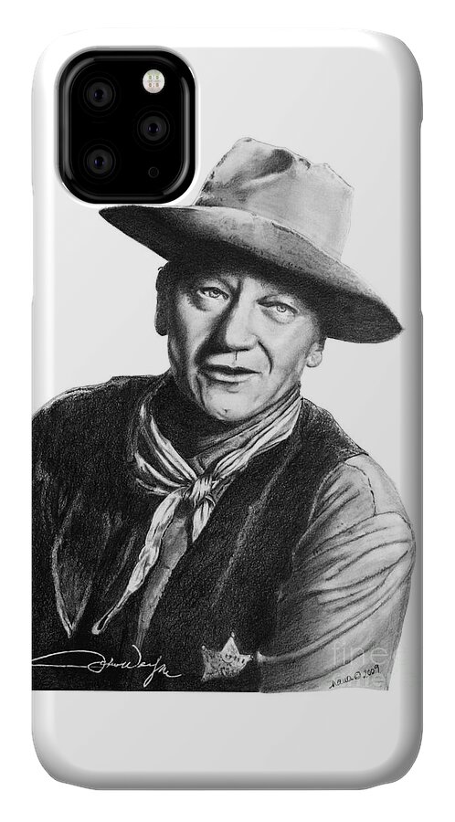 Graphite iPhone 11 Case featuring the drawing John Wayne Sheriff by Marianne NANA Betts