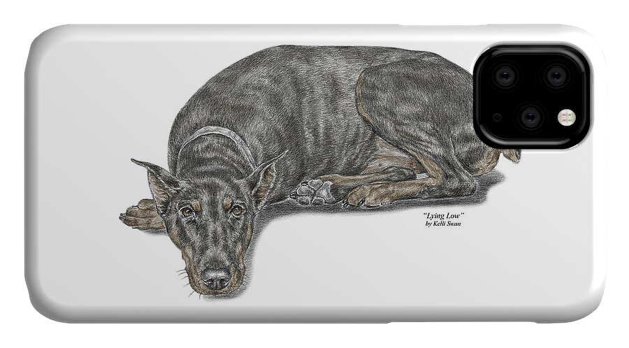 Doberman iPhone 11 Case featuring the drawing Lying Low - Doberman Pinscher Dog Print color tinted by Kelli Swan