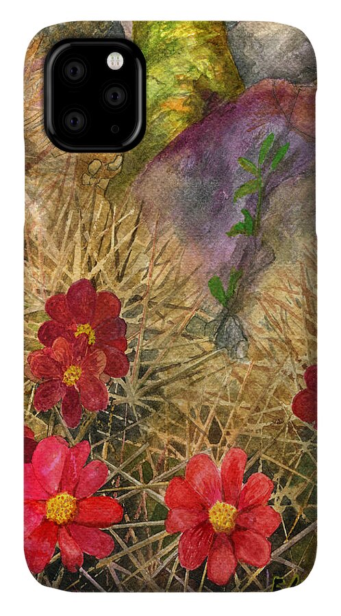 Hedge Hog Cactus In Bloom iPhone 11 Case featuring the painting Palo Verde 'mong the Hedgehogs by Eric Samuelson