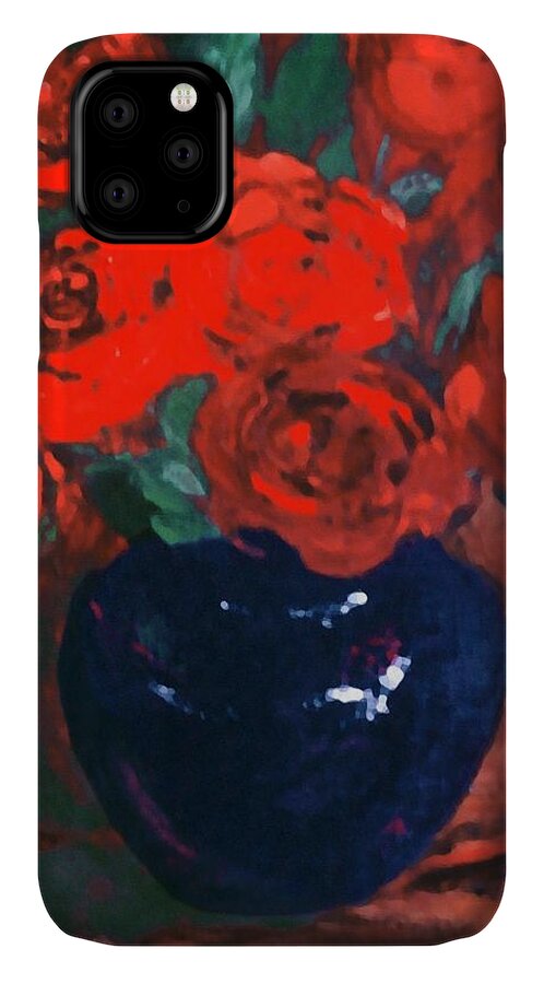Original iPhone 11 Case featuring the painting Red Roses Blue Vase by G Linsenmayer
