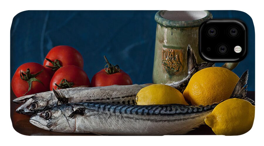 Still Life iPhone 11 Case featuring the photograph Still life with mackerels lemons and tomatoes by Juan Carlos Ferro Duque