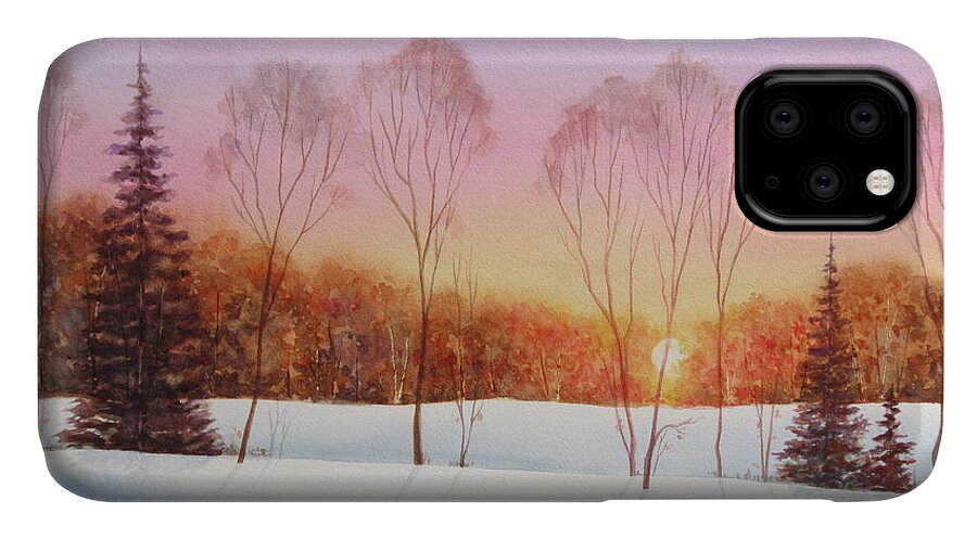 Winter Sunset iPhone 11 Case featuring the painting Winter Sunset by Deborah Ronglien
