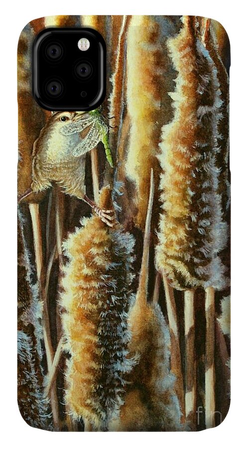 Wren iPhone 11 Case featuring the painting Wren and Cattails 2 by Greg and Linda Halom